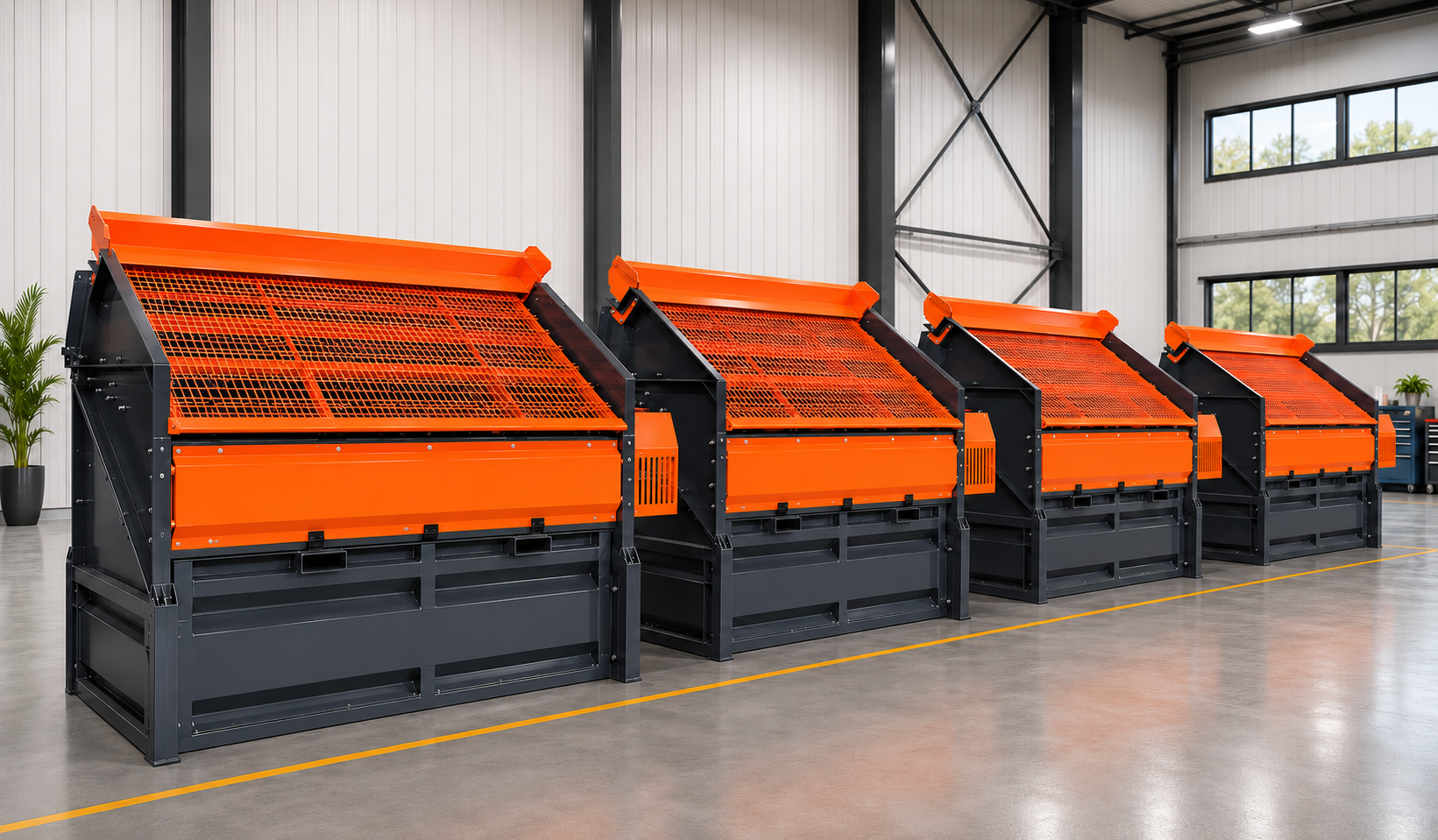Orange compact screening machines in production row