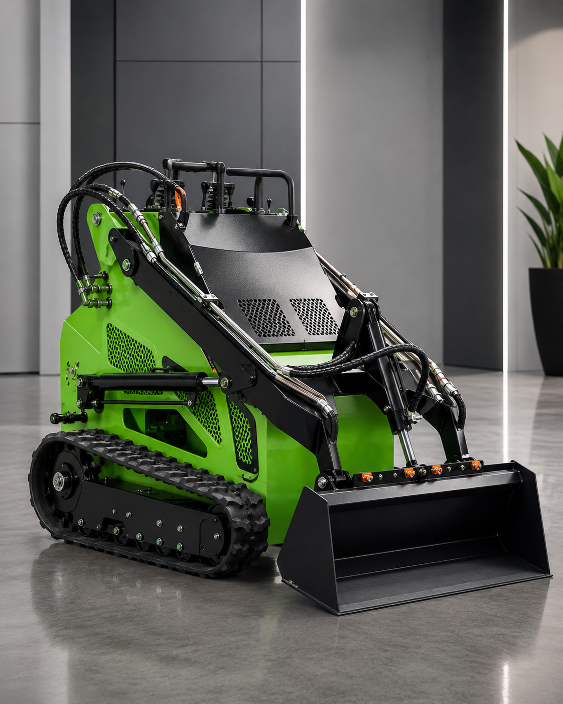 Green compact tracked skid steer loader front view