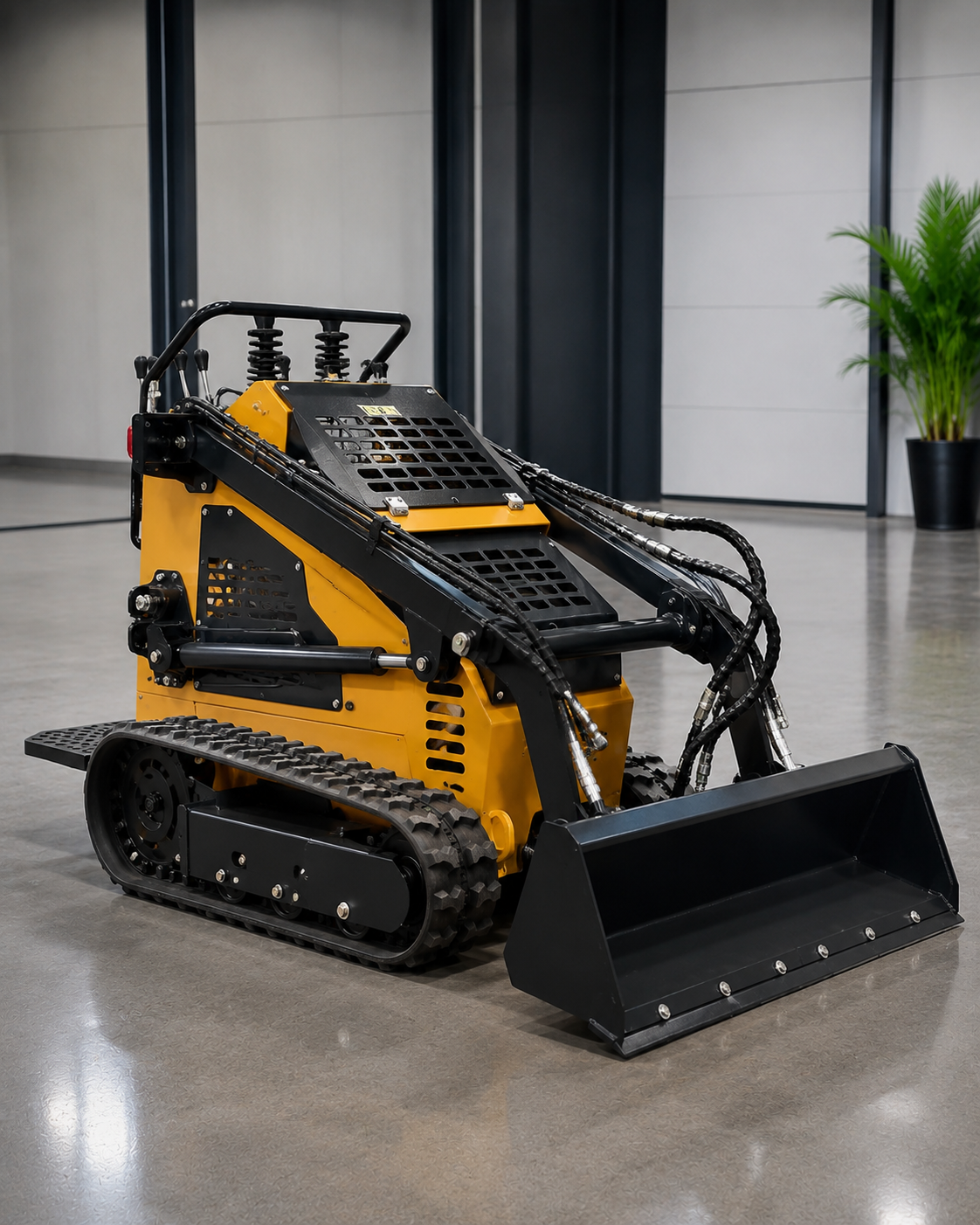 Yellow compact tracked skid steer loader front view
