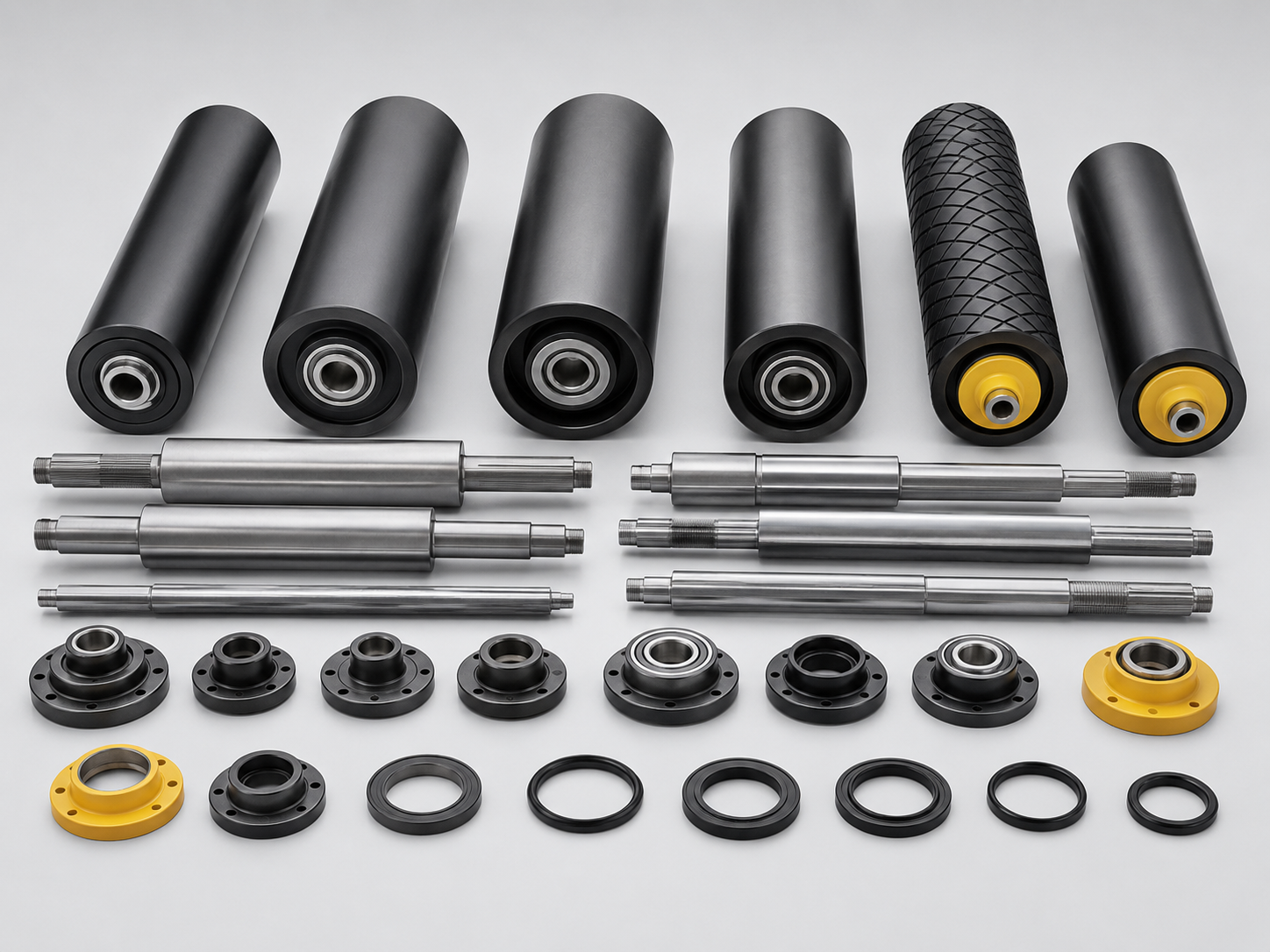 Conveyor roller shells, shafts, bearing seats, and seals
