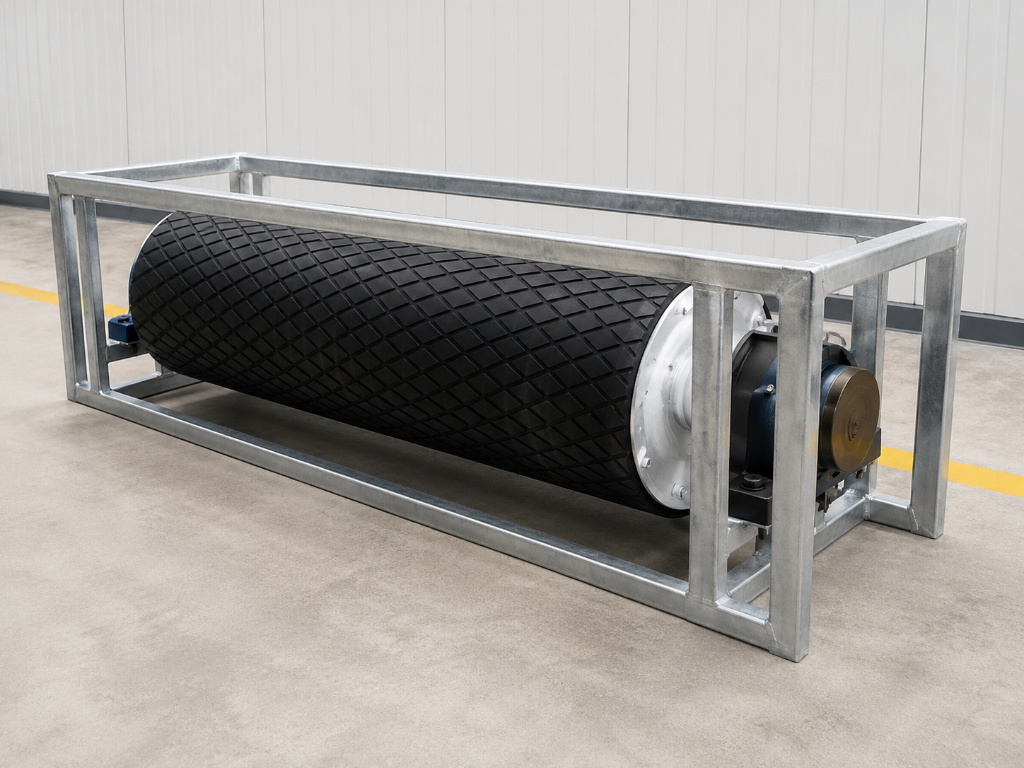 Rubber lagged conveyor pulley with frame