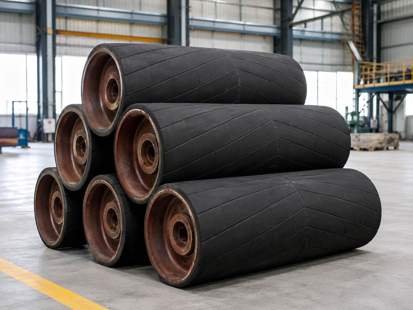 Stacked rubber lagged conveyor pulleys