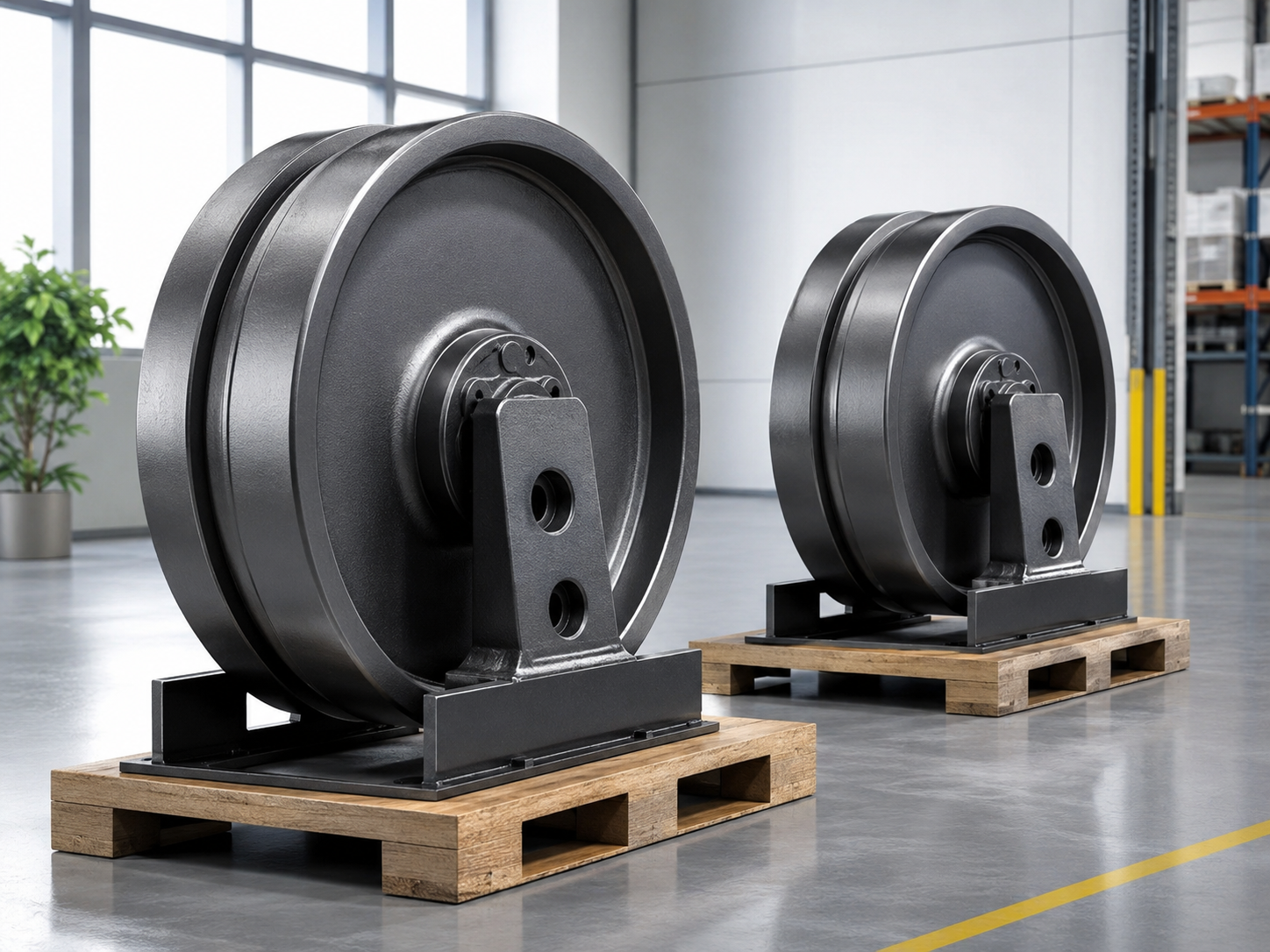 Crawler undercarriage idler wheels on pallets