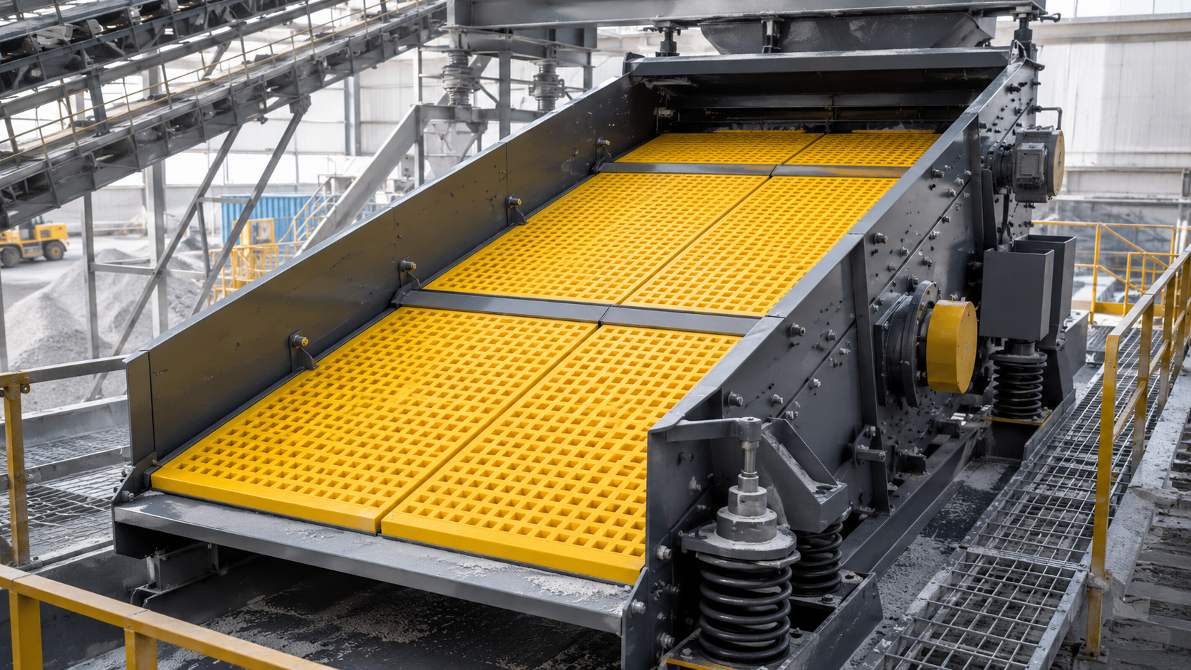 Polyurethane screen media installed on vibrating screen deck